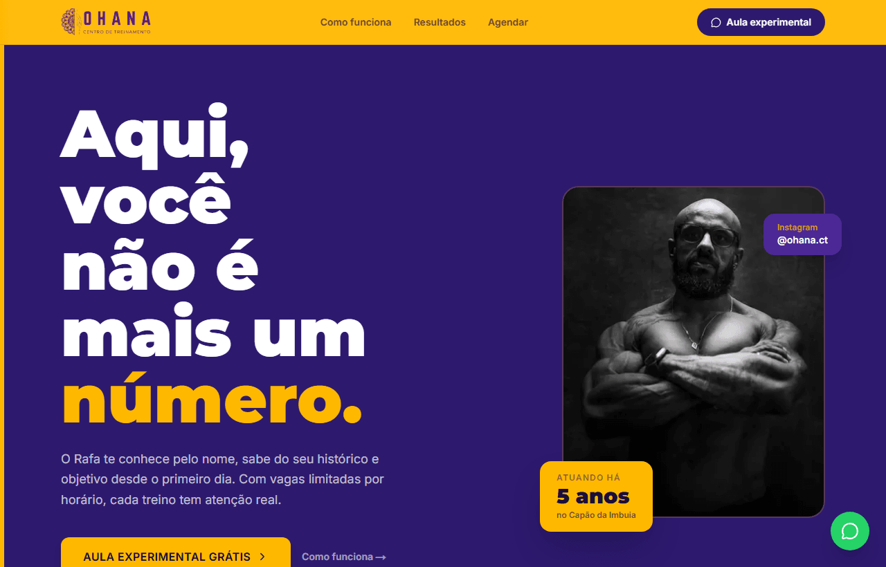 Site do Ohana Centro de Treinamento, com o título "Aqui, você não é mais um número"
