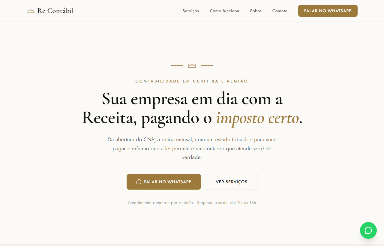 Site da RC Contábil, com o título "Sua empresa em dia com a Receita, pagando o imposto certo"